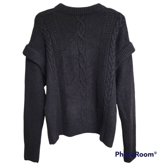 Elan Black Ruffle Drop Shoulder Long Sleeve Cable Knit Sweater Size Medium - Picture 4 of 8